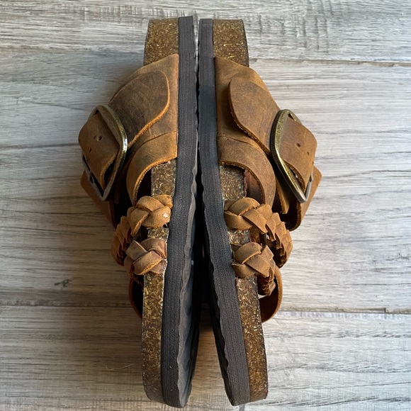 White Mountain Brown Leather Sandals Braided Straps Large Brass Buckle SZ 6 - Picture 9 of 14
